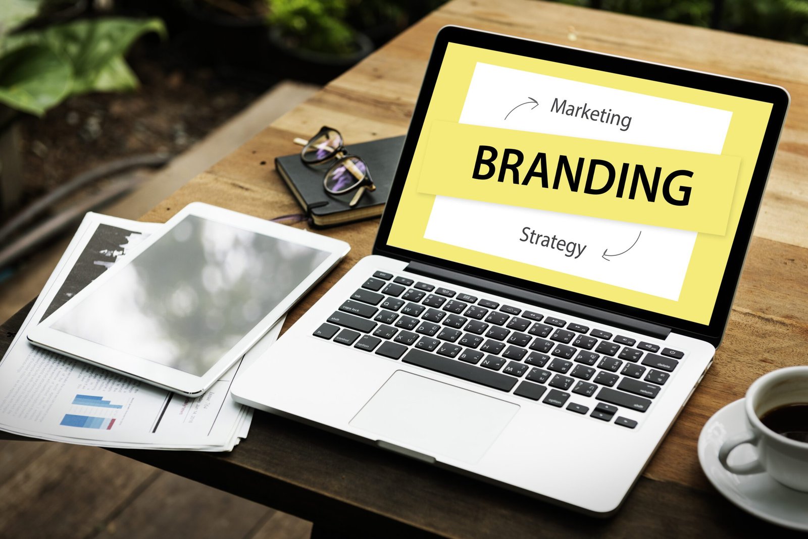Business branding concept with logo design, color palette, and digital marketing strategy